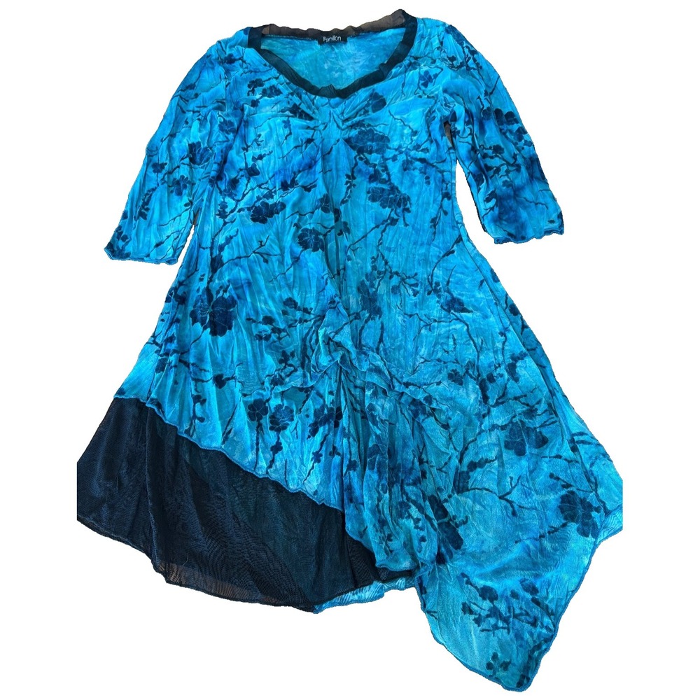 Papillon dress uneven hem blue black V-neck jersey stretchy floral womens' sz XL